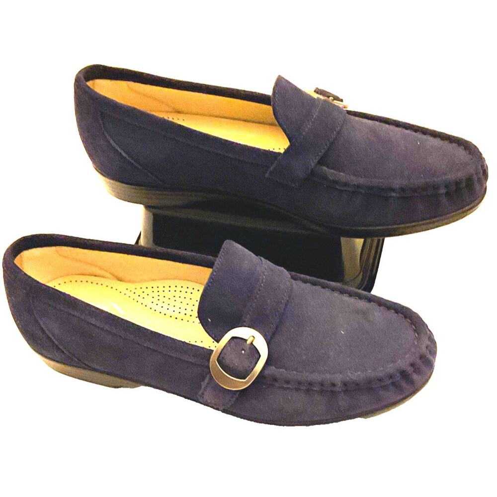 SAS Women's Lara Slip On Loafer Navy Suede Buckle Comfort Shoe Moccasins Size 8W